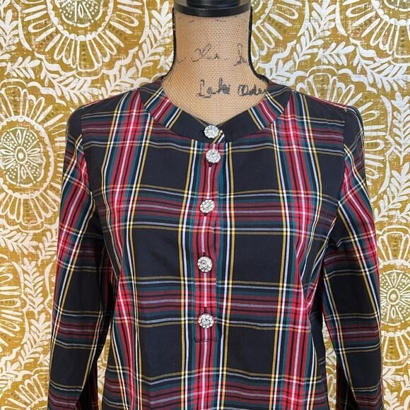 J. Crew Tartan Plaid Cotton Poplin Jewel Buttons Popover Top size S - Picture 6 of 12